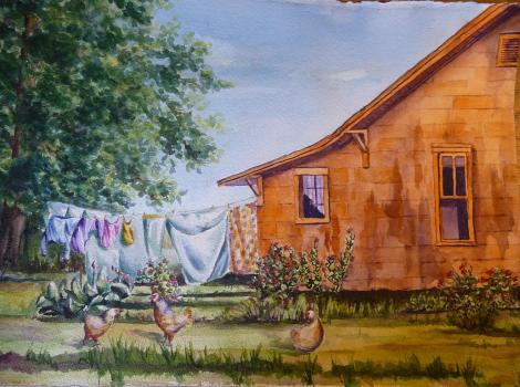 Orange Farm House painting by Karen Marcos